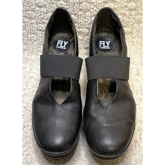 FLY London Black Leather Yale Shoes 41 US 10 Mary Janes Wedge - Picture 1 of 10